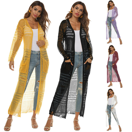 Womens Lightweight Longer Length Cardigan Long Sleeve Beach Crochet Cover Up with Pockets