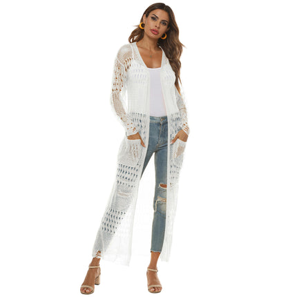 Womens Lightweight Longer Length Cardigan Long Sleeve Beach Crochet Cover Up with Pockets