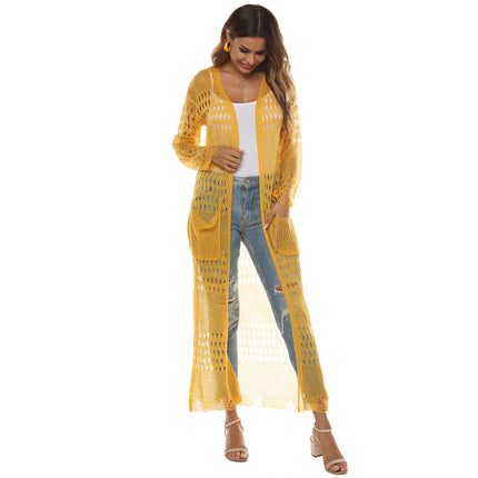 Womens Lightweight Longer Length Cardigan Long Sleeve Beach Crochet Cover Up with Pockets