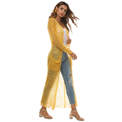 Womens Lightweight Longer Length Cardigan Long Sleeve Beach Crochet Cover Up with Pockets