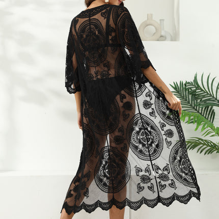 Women Sexy Lace Open Front Kimono Cardigan Long Swimsuit Cover Up