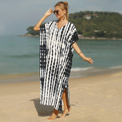 Women V Neck Short Sleeve Beach Loose Dress Bikini Swimsuit Cover Up