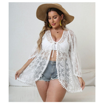 Women's Plus Size Lace Cardigan Floral Tassel Sheer Beach Cover Ups