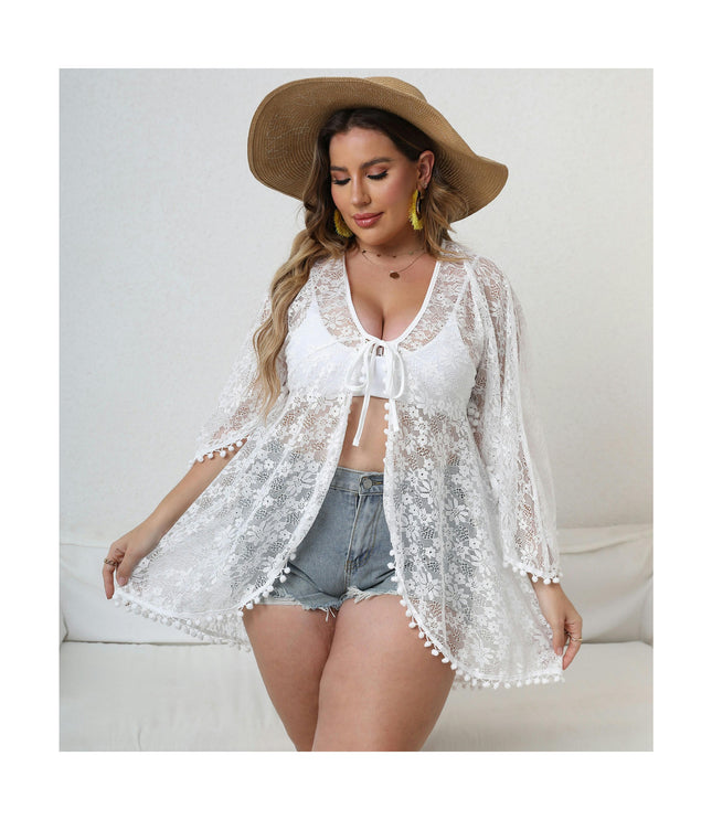 Women's Plus Size Lace Cardigan Floral Tassel Sheer Beach Cover Ups