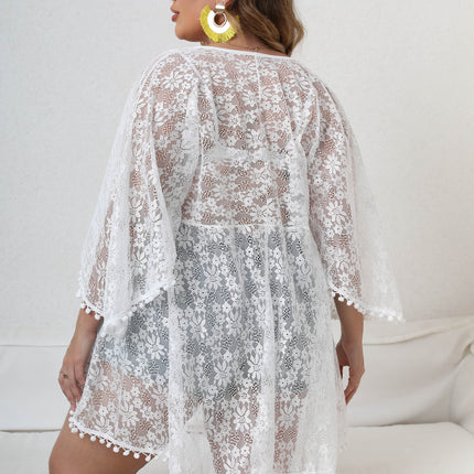 Women's Plus Size Lace Cardigan Floral Tassel Sheer Beach Cover Ups