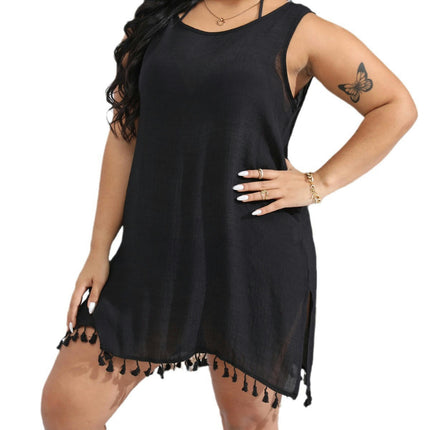 Women's Plus Size Swimsuit Coverups Sleeveless Beach Swimsuit Tassel Dress