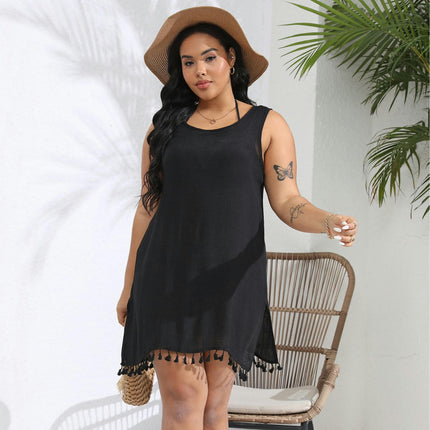 Women's Plus Size Swimsuit Coverups Sleeveless Beach Swimsuit Tassel Dress