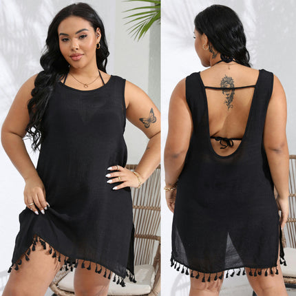 Women's Plus Size Swimsuit Coverups Sleeveless Beach Swimsuit Tassel Dress