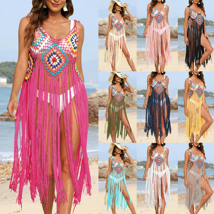 Beach Swimsuit Cover Up Women Crochet Bikini Coverups Summer Tassel Dress