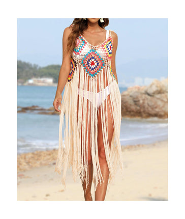 Beach Swimsuit Cover Up Women Crochet Bikini Coverups Summer Tassel Dress