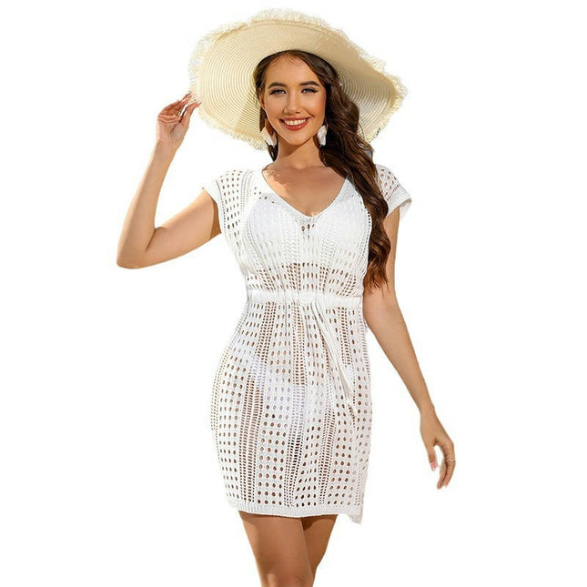 Women's Crochet Cover Up Short Sleeve Dress Drawstring Swimwear Beach Coverups