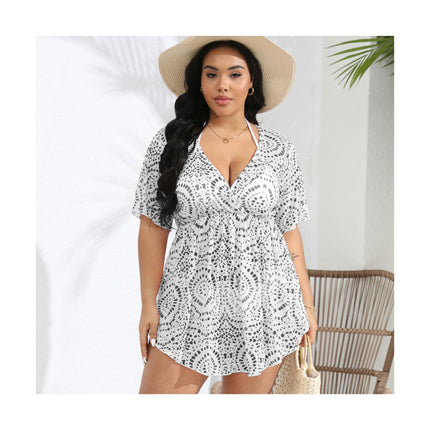 Women's Plus Size Swimsuit Cover Ups Dress V Neck Bathing Suit Beach Mini Dress