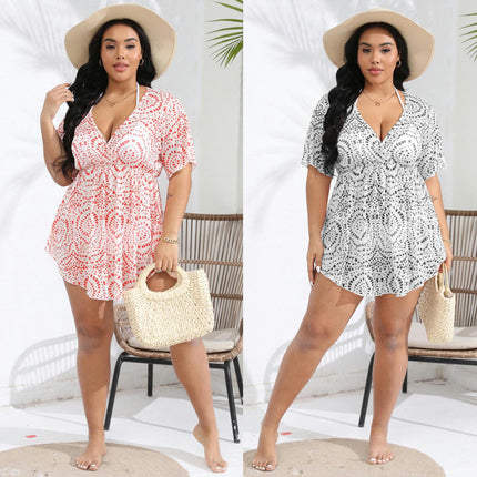 Women's Plus Size Swimsuit Cover Ups Dress V Neck Bathing Suit Beach Mini Dress