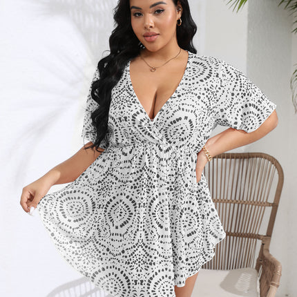 Women's Plus Size Swimsuit Cover Ups Dress V Neck Bathing Suit Beach Mini Dress