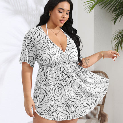 Women's Plus Size Swimsuit Cover Ups Dress V Neck Bathing Suit Beach Mini Dress