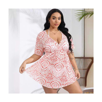 Women's Plus Size Swimsuit Cover Ups Dress V Neck Bathing Suit Beach Mini Dress