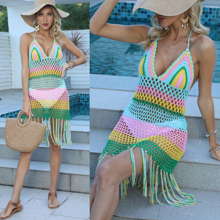 Women's Sexy Handmade Crochet Bikini Swimsuit Cover Hollow Out Tassels Beach Dress