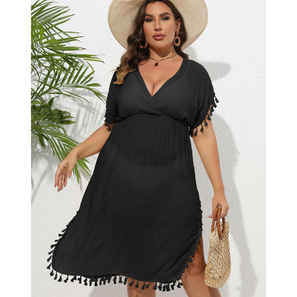 Women Plus Size Swimsuit Cover Ups V Neck Bathing Suit Coverups Tassels Beach Dress