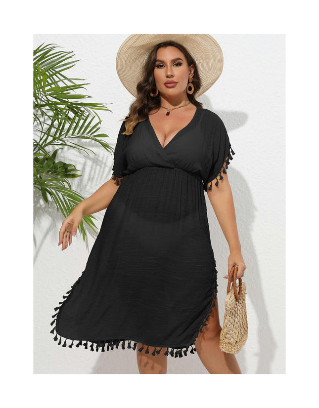 Women Plus Size Swimsuit Cover Ups V Neck Bathing Suit Coverups Tassels Beach Dress