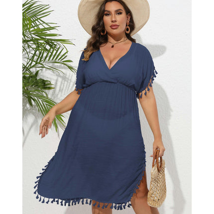 Women Plus Size Swimsuit Cover Ups V Neck Bathing Suit Coverups Tassels Beach Dress