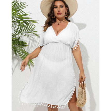 Women Plus Size Swimsuit Cover Ups V Neck Bathing Suit Coverups Tassels Beach Dress