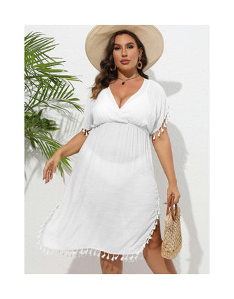 Women Plus Size Swimsuit Cover Ups V Neck Bathing Suit Coverups Tassels Beach Dress