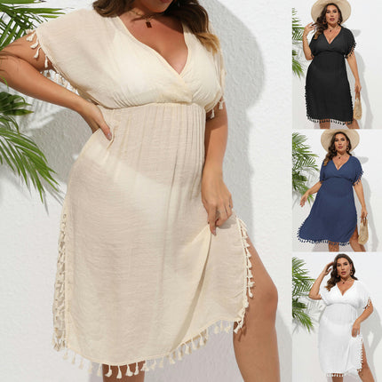 Women Plus Size Swimsuit Cover Ups V Neck Bathing Suit Coverups Tassels Beach Dress