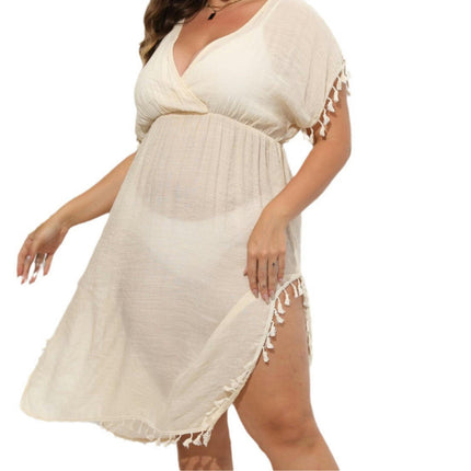 Women Plus Size Swimsuit Cover Ups V Neck Bathing Suit Coverups Tassels Beach Dress