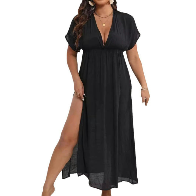 Women's Plus Size V Neck Bathing Suit Coverups Slits Long Dress