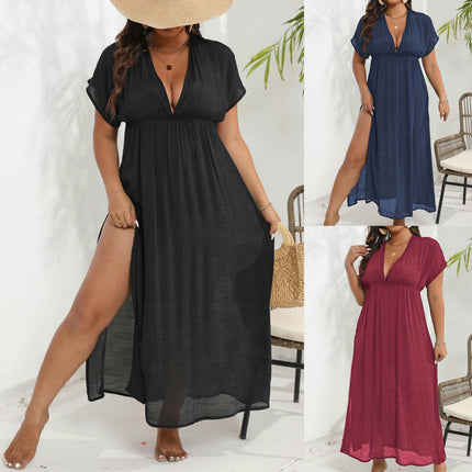 Women's Plus Size V Neck Bathing Suit Coverups Slits Long Dress