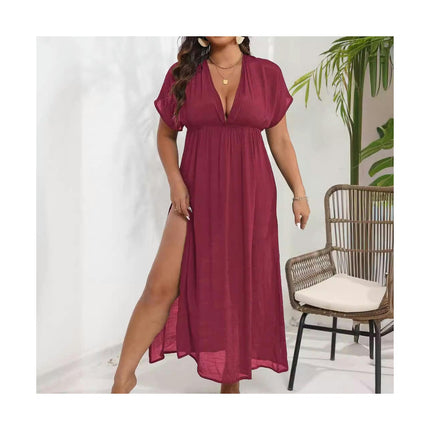 Women's Plus Size V Neck Bathing Suit Coverups Slits Long Dress