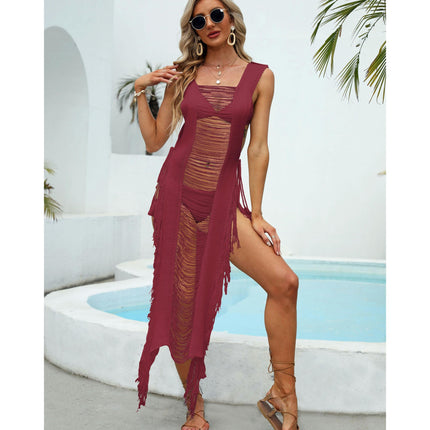 Womens Knitted Crochet Tassel Swimwear Cover up Bikini Long Beach Dress