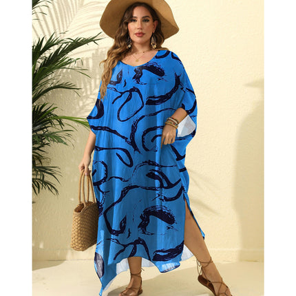 Plus Size Beach Kaftan Dresses for Women Print Long Swimsuit Cover Ups