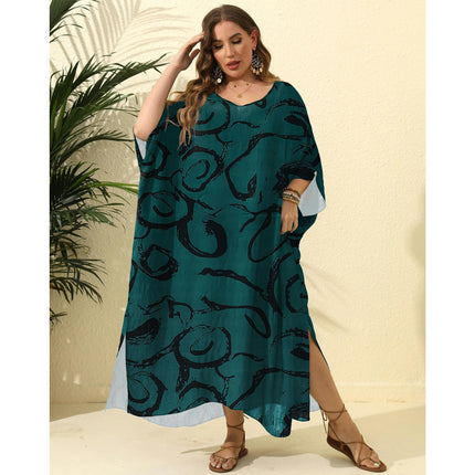 Plus Size Beach Kaftan Dresses for Women Print Long Swimsuit Cover Ups