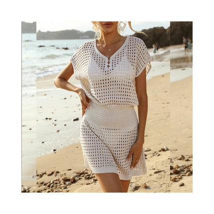 Women Crochet Hollow Out Swim Cover Ups Short Sleeve Beach Swimwear Tunic Dress