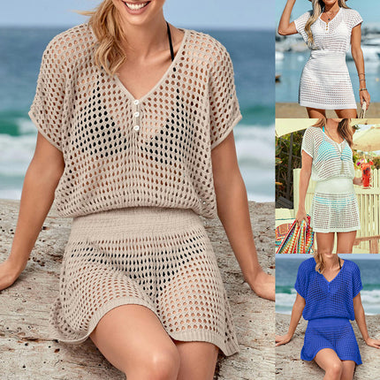 Women Crochet Hollow Out Swim Cover Ups Short Sleeve Beach Swimwear Tunic Dress