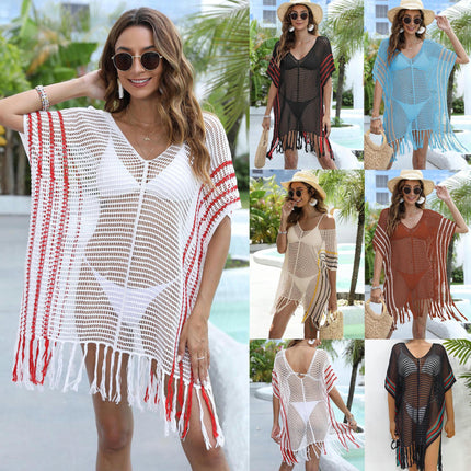 Crochet Swimsuit Coverup for Women Hollow Out Knit Beach Bathing Suit Tassel Cover Ups