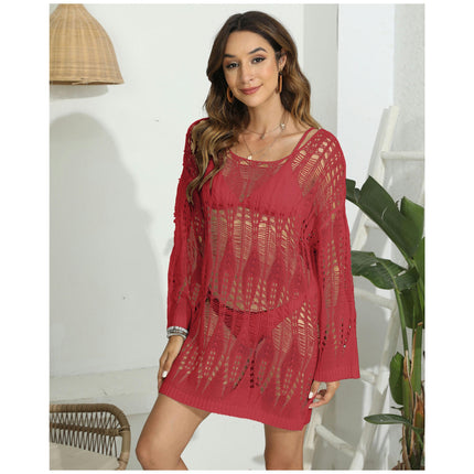 Crochet Swimsuit Coverup for Women Long Sleeve Hollow Out Bathing Suit Cover Up Dress