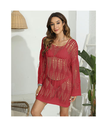 Crochet Swimsuit Coverup for Women Long Sleeve Hollow Out Bathing Suit Cover Up Dress