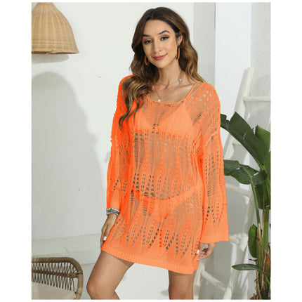 Crochet Swimsuit Coverup for Women Long Sleeve Hollow Out Bathing Suit Cover Up Dress