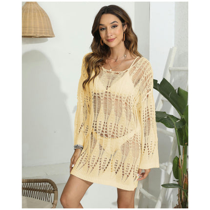 Crochet Swimsuit Coverup for Women Long Sleeve Hollow Out Bathing Suit Cover Up Dress