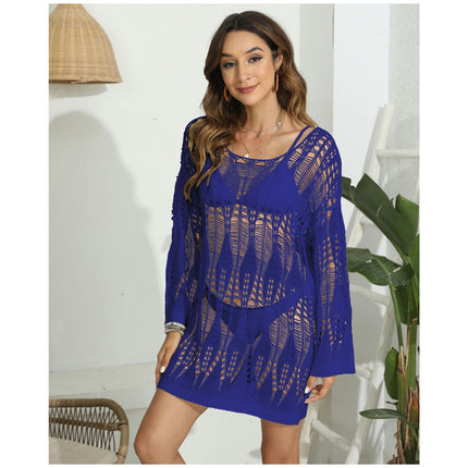 Crochet Swimsuit Coverup for Women Long Sleeve Hollow Out Bathing Suit Cover Up Dress