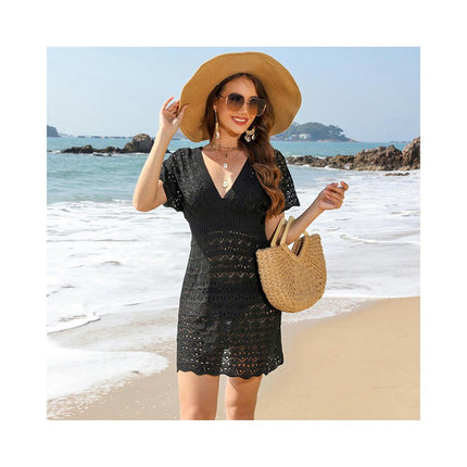 Women's Deep V Neck Crochet Hollow Out Beach Dress Swimsuit Cover Ups