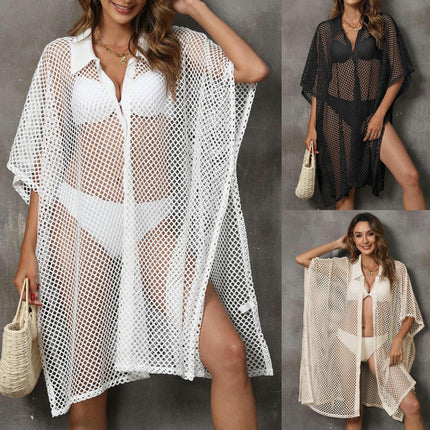 Women Crochet Swimsuit Cover Up Button Down Hollow Out Bikini Bathing Suit Cover Ups