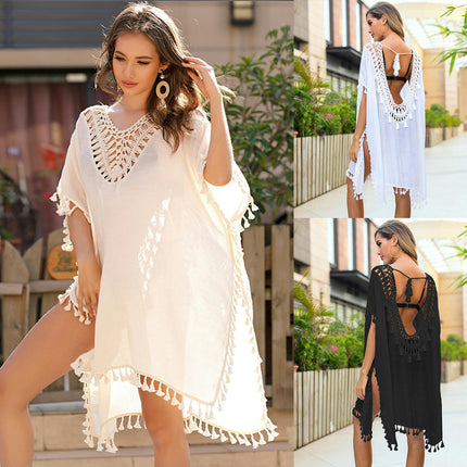 Women Hollow Out Swimsuit Coverups Crochet Tassels Summer Beach Cover Up Dress