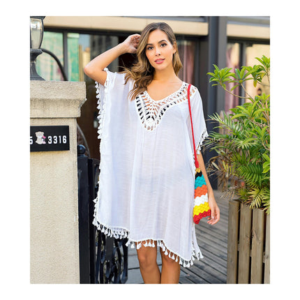 Women Hollow Out Swimsuit Coverups Crochet Tassels Summer Beach Cover Up Dress