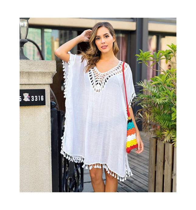 Women Hollow Out Swimsuit Coverups Crochet Tassels Summer Beach Cover Up Dress