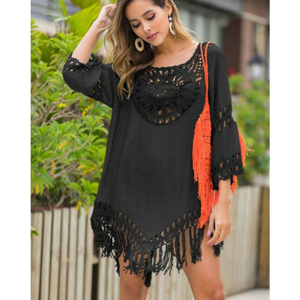 Womens Swimsuit Cover Up Crochet Bikini Coverups Summer Beach Hollow Out Tassel Dress