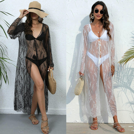 Women's Lace Beach Kimono Long Bikini Cover Up Dress Open Front Cardigan