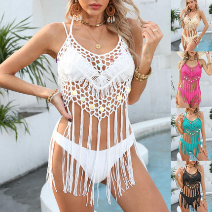 Women Beach Swimsuit Cover Up Crochet Bikini Coverups Summer Pool Swimwear Tassel Dress